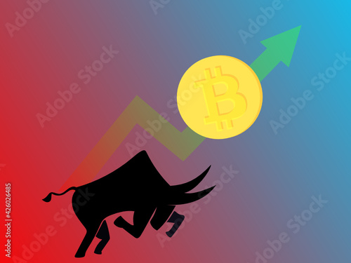 Bullish trend in cryptocurrency. The growth of the bitcoin rate on the exchange. Trader pump. A silhouette of a bull raises a bitcoin coin on its horns.