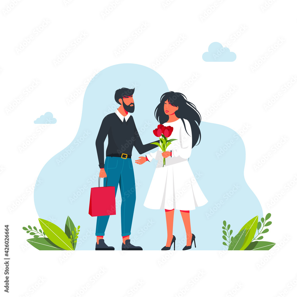 man gives woman flowers and a gift. A cute man gives a present to a woman with a bouquet of flowers. First Date. Cartoon Flat Vector Illustration. Congratulations on a hol. Vector illustration man gives woman flowers and a gift. A cute man gives a present to a woman with a bouquet of flowers. First Date. Cartoon Flat Vector Illustration. Congratulations on a hol. Vector illustration