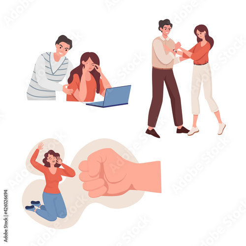 Emotional abuse and domestic violence vector flat illustration. Aggressive man yelling at his wife, woman against big fist, husband holding woman hands. Family, social violence problems concept.