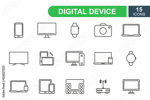 Smart devices and gadget line icons. Devices and electronics line pictograms. Mobile phone, smart watch, computer, laptop, wi-fi router, pc, tablet, camera icons. Editable stroke. Vector illustration