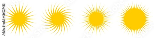 Sonne oder Sonnenschein Symbol Kollektion als Vektor auf einem weißen isolierten Hintergrund.
Gezackte Strahlen.