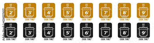 Stamps for product packaging. Recommended cooking times for pasta and other food products. Pan flat icon with time indicator. Vector set.