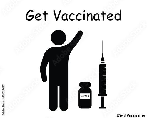 Get Vaccinated Stick Figure Man Raise Hand. Black and White EPS Vector Icon