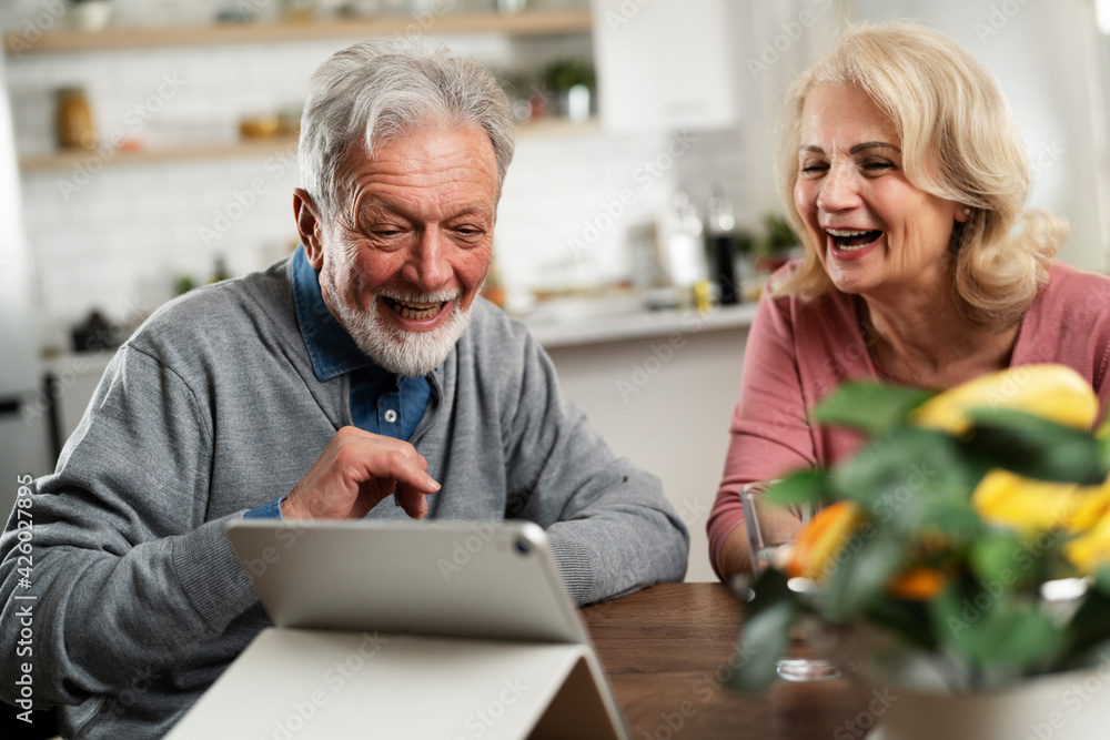 Senior couple having video call. Happy husband and wife talking with their grandkids. Senior couple having video call. Happy husband and wife talking with their grandkids.