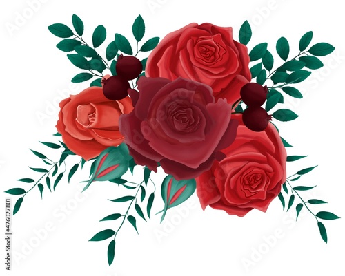 Hand drawn floral bouquet composition with roses and eucalyptus