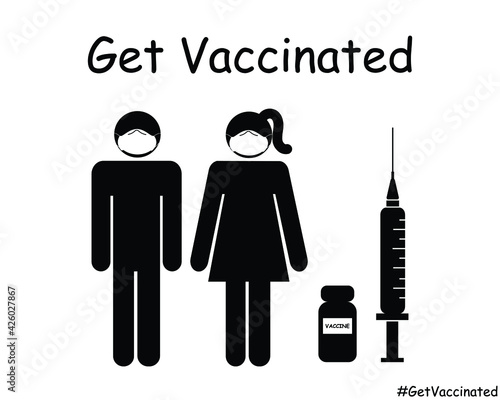Get Vaccinated Stick Figure Man Woman Couple with Mask. Black and White EPS Vector Icon Illustration Artwork