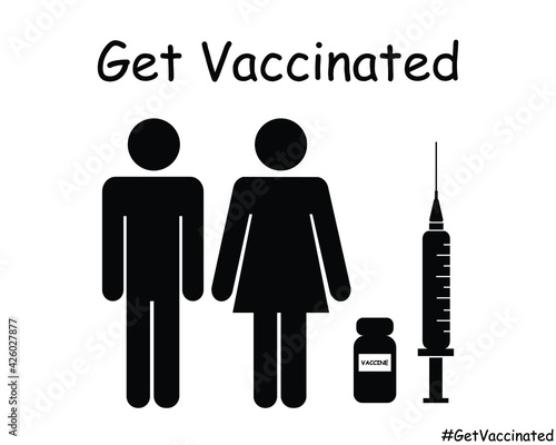 Get Vaccinated Stick Figure Man Woman Couple. Black and White EPS Vector Artwork Icon Illustration