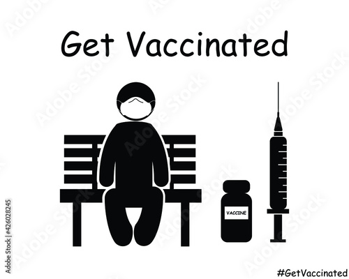 Get Vaccinated Stick Figure Man on Bench. Black and White Vector Icon