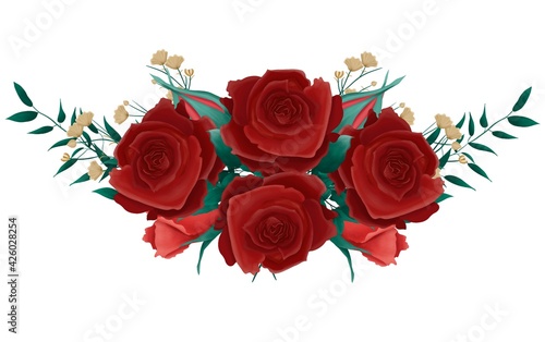 Hand drawn floral bouquet composition with roses and eucalyptus