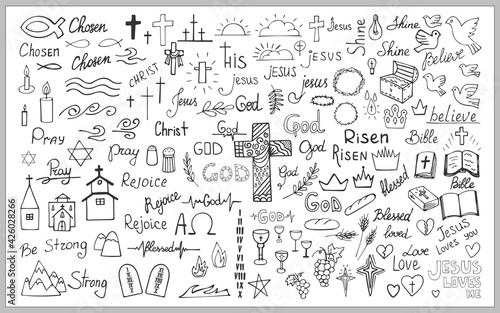 Big set of different Christian icons, labels, symbols and inscription. Hand drawn illustrations isolated on white background. For print and design religious accessories. Vector illustration