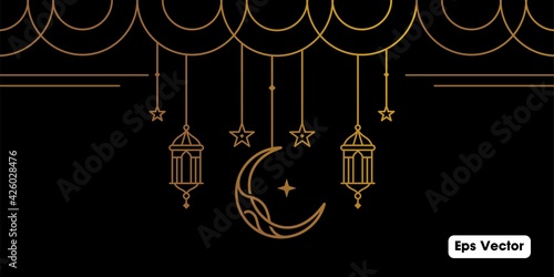 golden ramadan Kareem, Eid Mubarak Greeting Line icon minimal and simple vector design with beautiful Glowing Lantern and elegant crescent moon star on dark background or Banner