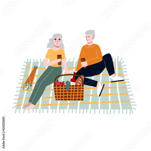 Retired couple having picnic. Aged man and woman outdoors on date. Flat vector illustration.