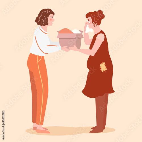 Volunteer and poor woman, vector isolated illustration