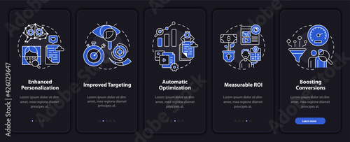 User behaviour analytics onboarding vector template. Responsive mobile website with icons. Web page walkthrough 4 step screens. Digital marketing night theme concept with linear illustrations