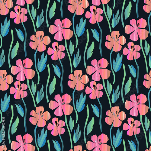 Seamless illustration with summer blooming wildflowers in paper cut style Digital paper with flowers Floral design