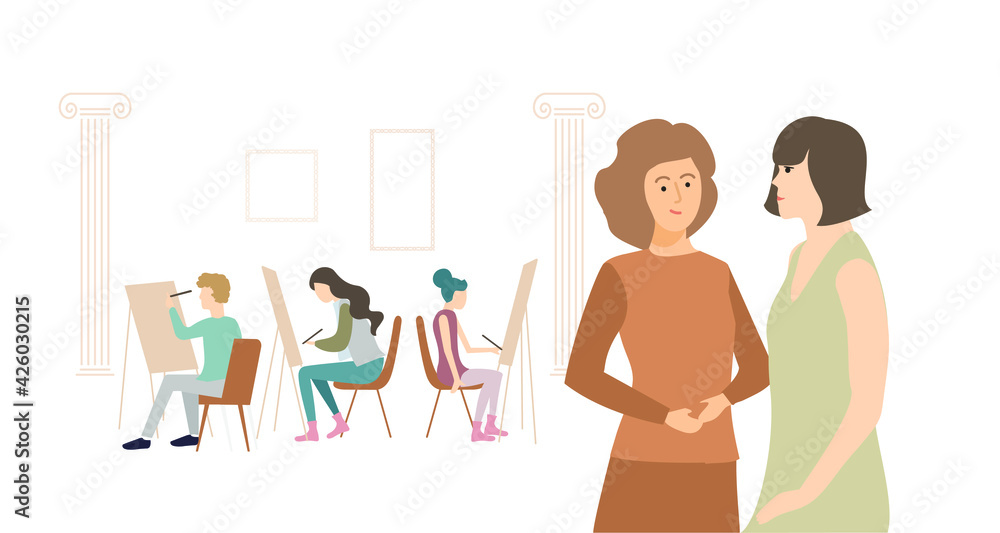 drawing lessons at art school, teachers discussing students drawing lessons at art school, teachers discussing students