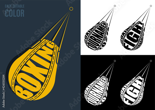Volumetric letters with name BOXING, FIGHT, TOURNAMENT on background of sports boxing punching bag. Element for print and design of sports competitions. Isolated vector