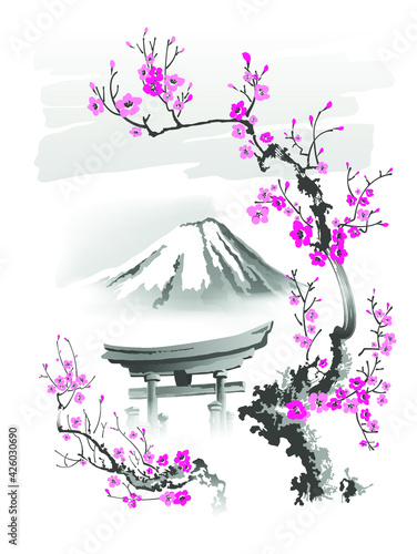 Torii Gate and Sakura against the backdrop of the mountain. Vector illustration in traditional oriental style.