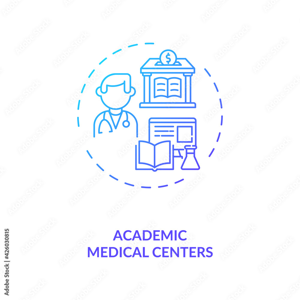Academic medical centers concept icon. Sponsorship idea thin line illustration. Educating physicians. Holding clinical trials. Multidisciplinary healthcare. Vector isolated outline RGB color drawing Academic medical centers concept icon. Sponsorship idea thin line illustration. Educating physicians. Holding clinical trials. Multidisciplinary healthcare. Vector isolated outline RGB color drawing