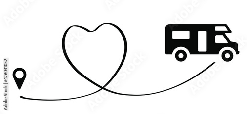 Vacation route, point location holiday symbol. Camper, camping route with pin. Line pattern. Vector motorhome sign