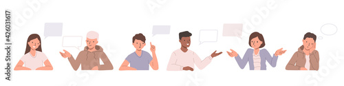 Collection of illustrations with people and speech bubbles. Set of drawings with men and women speaking and discussing smth. Flat cartoon vector illustration