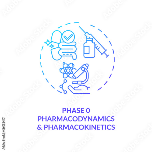 Pharmacodynamics and pharmacokinetics concept icon. Clinical trials phase 0 idea thin line illustration. Predetermination dosing, benefit, adverse reactions. Vector isolated outline RGB color drawing
