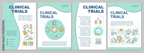 Clinical trials brochure template. New drugs testing. Volunteering. Flyer, booklet, leaflet print, cover design with linear icons. Vector layouts for presentation, annual reports, advertisement pages