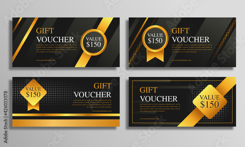 Gold luxury vouchers gift template set, coupon designs, certificates, ticket templates, ready to edit and use.