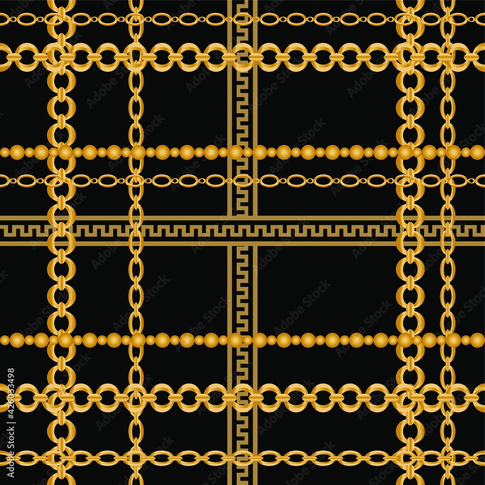 Seamless pattern decorated with precious stones, gold chains and pearls. Seamless pattern decorated with precious stones, gold chains and pearls.