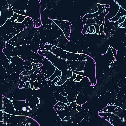 Cute seamless pattern with the constellation Ursa Major. Childrens space background for textiles, clothing, wrapping paper and more
