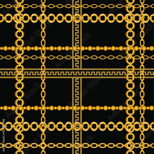 Seamless pattern decorated with precious stones, gold chains and pearls.	