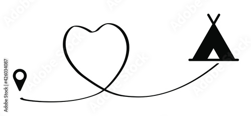 Vacation route, point location holiday symbol. Safari hunting tent, camping route with pin. Line pattern. Vector love with heart sign. Wildlife in the summer.
