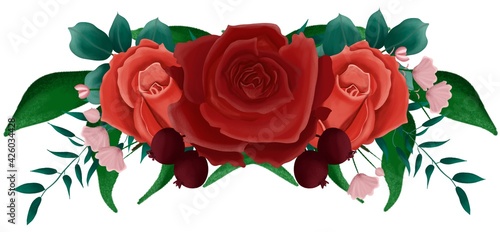 Hand drawn floral bouquet composition with roses and eucalyptus