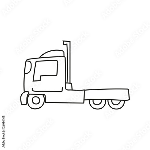 Hand drawn doodle truck for coloring children book. Simple line, 2 - 4 age group. Big mashines, lorry, havy vehicle transport