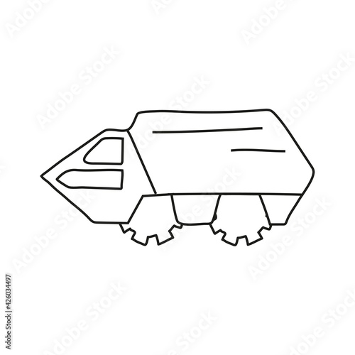 Hand drawn doodle military equipment car for coloring children book. Simple line, 2 - 4 age group. Big mashines, lorry, havy vehicle transport