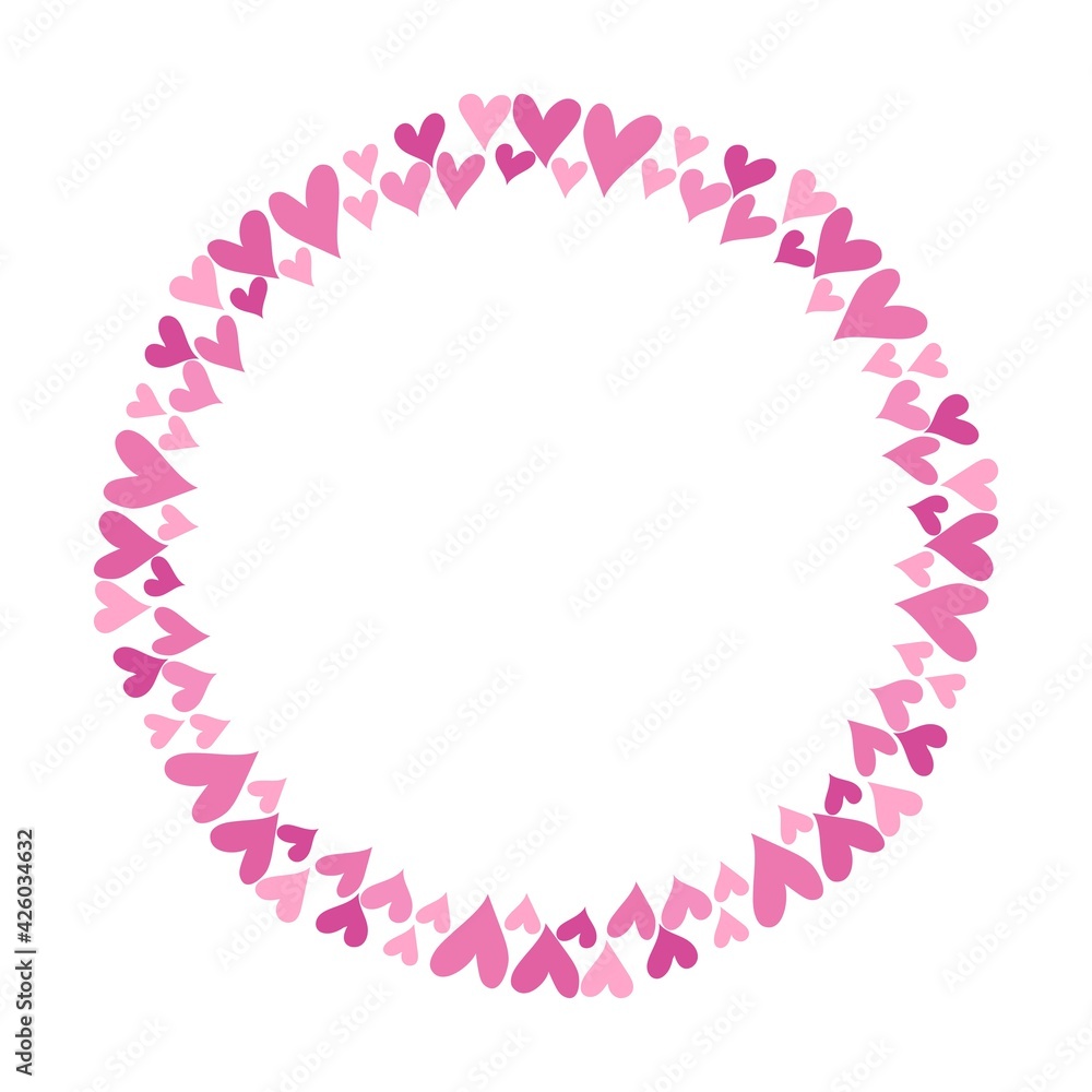 Hand drawn vector frame with pink hearts isolated on white background