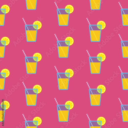 Lemonade in blue glass with striped straw and slice of lemon, seamless pattern on ruby background