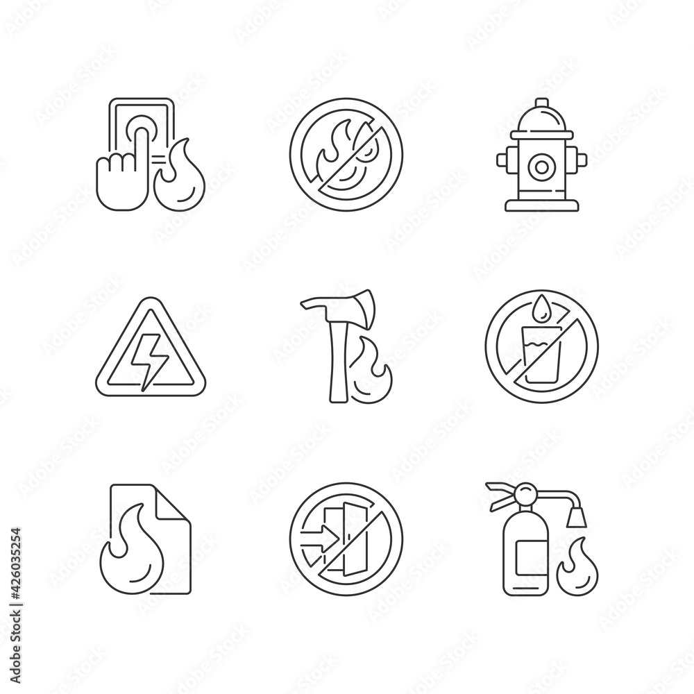 Fire emergency linear icons set. Alarm button. High voltage. Use no