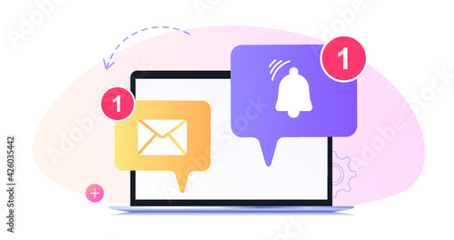Unread email notification. New message on the computer screen. Vector illustration. Buttons on the phone screen, icons
