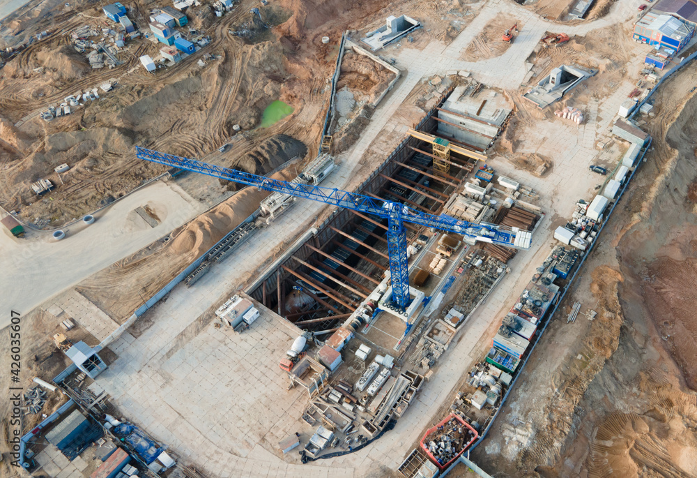 Aerial view of the construction of the subway. Tower crane in action during the construction of a metro line