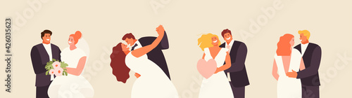 Happy bride and groom set. Newlyweds couples in love vector illustration