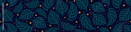 Abstract floral seamless horizontal border with monstera leaves on dark background. Vector illustration.