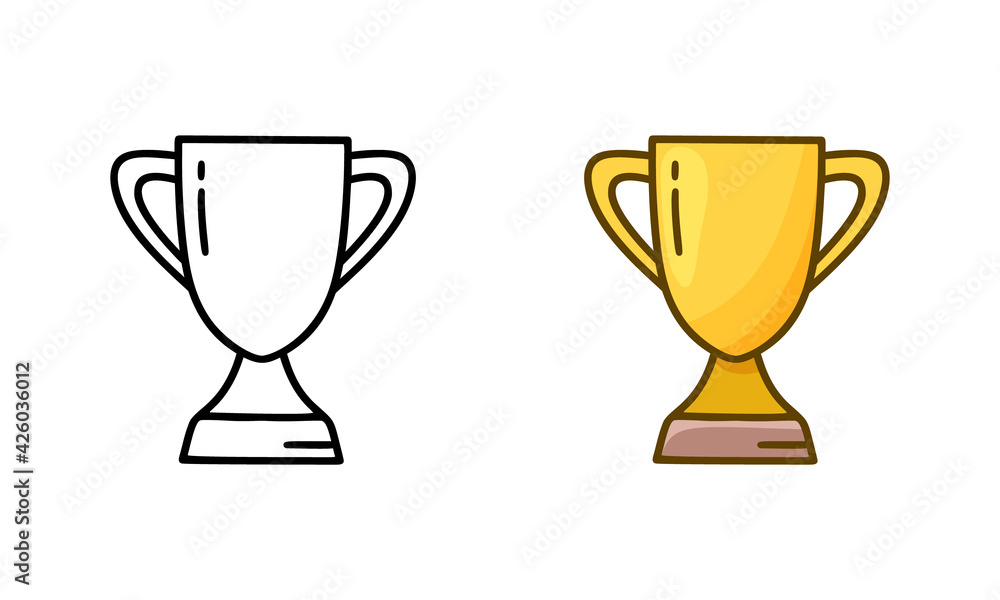 Trophy cup doodle icon. Linear and color version. Golden symbol of victory. Hand drawn simple illustration. Contour isolated vector pictogram on white background Trophy cup doodle icon. Linear and color version. Golden symbol of victory. Hand drawn simple illustration. Contour isolated vector pictogram on white background