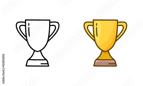 Trophy cup doodle icon. Linear and color version. Golden symbol of victory. Hand drawn simple illustration. Contour isolated vector pictogram on white background