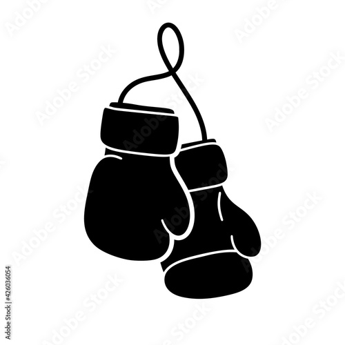 Pair of boxing gloves on string. Silhouette doodle icon. Hand drawn simple illustration of attribute for sport. Black isolated vector pictogram on white background