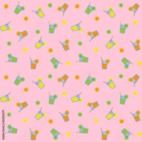Citrus juices in blue glasses with striped straws and citrus slices, seamless pattern on pink background