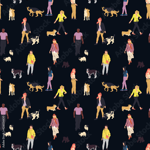 Colorful seamless pattern with silhouettes of many people walking with dogs. On black background.