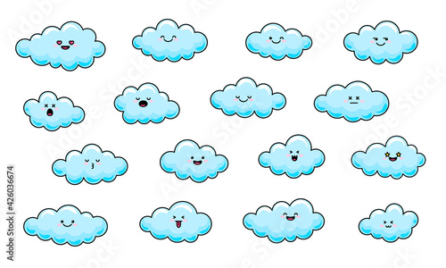 A set of kawaii clouds. Funny vector illustration. Isolated objects on a white background.
