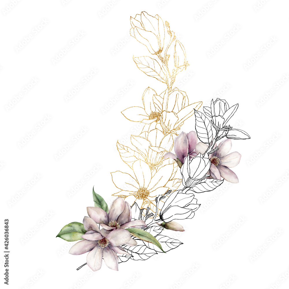 Watercolor magnolias bouquet of gold and black flowers and leaves. Hand painted floral card of flowers isolated on white background. Spring line art illustration for design, print or background.