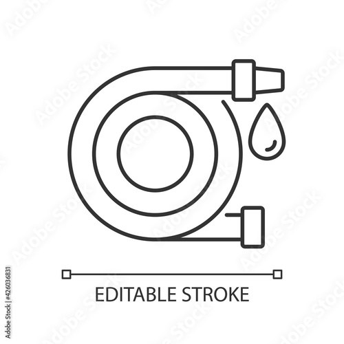 Fire hose linear icon. Equipment for putting out flames. Firefighters rescue. Fire safety. Thin line customizable illustration. Contour symbol. Vector isolated outline drawing. Editable stroke